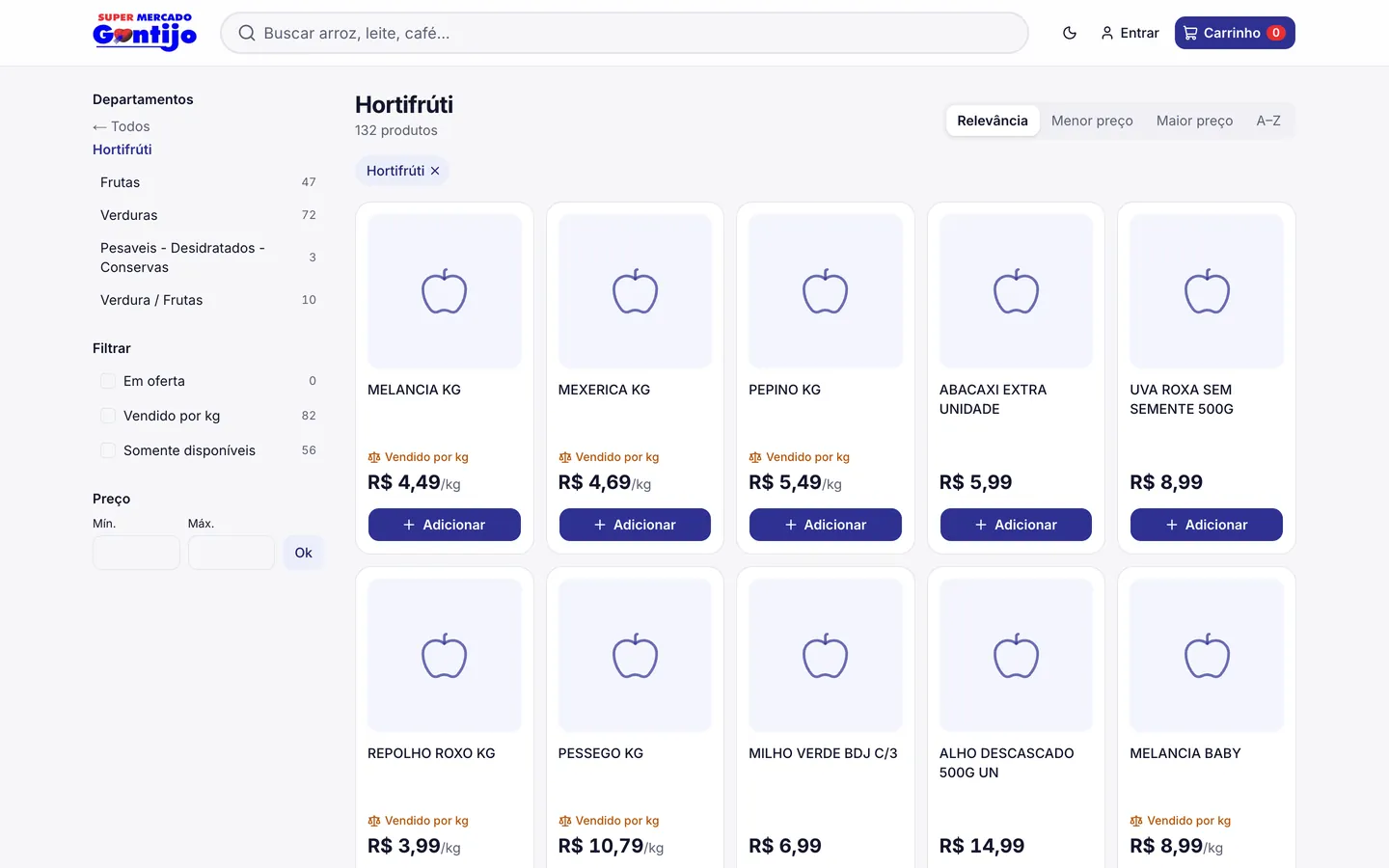 Loja online do Supermercado Gontijo mostrando a seção de hortifrúti
